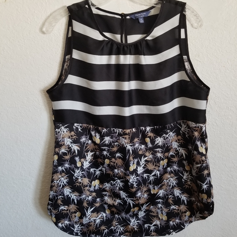 Peter Som Black Stripes Floral Sleeveless Polyester Women's Med  Keyhole Blouse